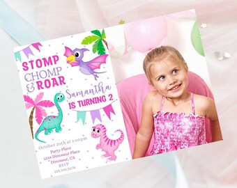 Editable girl dinosaur birthday invitation-instant download