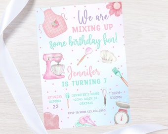 May include: A pink and blue birthday invitation with a watercolor illustration of a kitchen mixer, a chef's hat, and other baking tools. The text reads "We are mixing up some birthday fun! Jennifer is turning 7. Saturday, October 23. Jennifer's Home, 12345 Main St., Oakdale. 1:00PM-5:00PM. RSVP to Mom 123.456.7890."