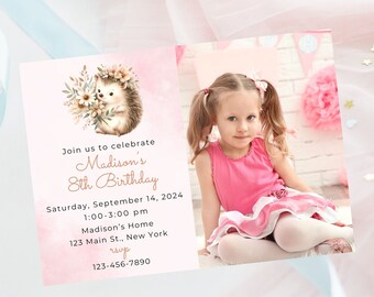 Invitación de cumpleaños con foto editable de erizo - Invitación a fiesta de erizo - Descarga instantánea digital