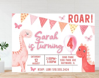 Editable Pink Dinosaur birthday invitation-instant download