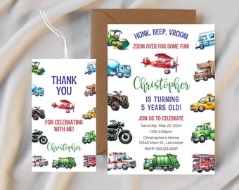 May include: A thank you tag and invitation for a 5-year-old's birthday party. The invitation features a colorful illustration of various vehicles, including a plane, a motorcycle, a truck, and a fire engine. The text on the invitation reads "Honk, Beep, Vroom Zoom Over for Some Fun! Christopher is Turning 5 Years Old! Join Us to Celebrate Saturday, May 22, 2024 1:00-4:00pm Christopher's Home 12345 Main St., Lancaster RSVP: 555.123.4567". The thank you tag features the same vehicle illustrations and the text "Thank You For Celebrating With Me! Christopher".