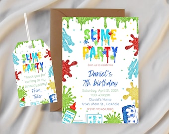Editable slime birthday party invitation-slime thank you tag-instant download