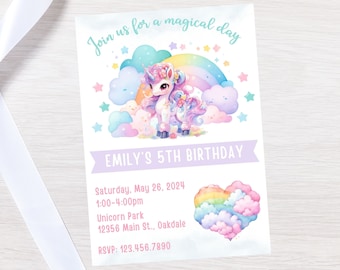 May include: A colorful invitation for a 5th birthday party featuring a unicorn with a rainbow and clouds. The invitation includes the text "Join us for a magical day", "Emily's 5th Birthday", "Saturday, May 26, 2024", "1:00-4:00pm", "Unicorn Park", "12956 Main St., Oakdale", and "RSVP: 123.456.7890".