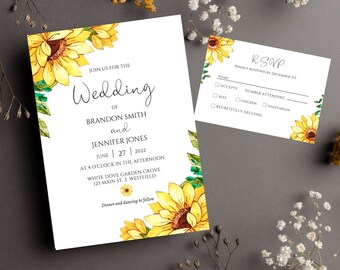 May include: Wedding invitation with sunflower floral design. The invitation reads "Join us for the Wedding of Brandon Smith and Jennifer Jones, June 27, 2022, at 4 o'clock in the afternoon, White Dove Garden Grove, 123 Main St., Westfield. Dinner and dancing to follow." The RSVP card reads "Kindly respond by December 1st. Name, Accepts, Number Attending, Chicken, Vegetarian, Regretfully Declines."