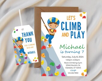 May include: A colorful invitation for a child's birthday party with a cartoon illustration of a boy rock climbing. The invitation says "Let's Climb and Play Michael is turning 7" and includes the date, time, location, and RSVP information.
