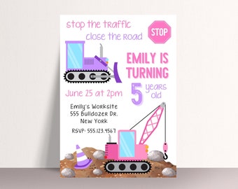 May include: Construction themed birthday party invitation with a purple bulldozer and a pink crane. The invitation says "Stop the traffic, close the road. Emily is turning 5 years old. June 25 at 2pm. Emily's Worksite 555 Bulldozer Dr. New York. RSVP: 555.123.4567"