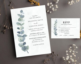 Greenery Wedding invitation with RSVP-wedding invite template-greenery invite-wedding invitation template-editable-Instant Download-template