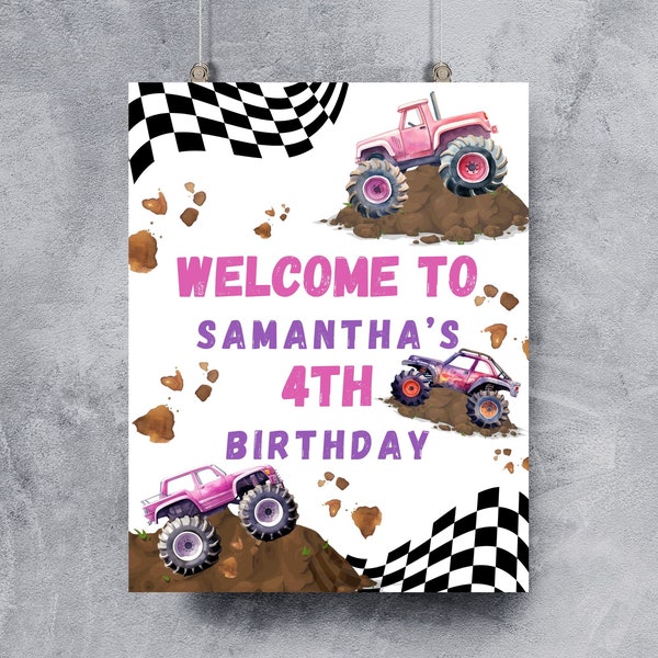 Editable monster truck birthday welcome sign-birthday welcome sign pink monster truck-welcome birthday poster-instant download