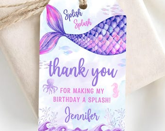 Editable Mermaid birthday thank you tag-under the sea gift tag-instant download