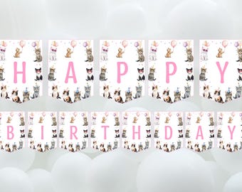 Pink cat birthday banner-kitten party banner-happy birthday sign-instant download