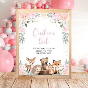 Cartello da tavolo personalizzato modificabile del bosco - festa di compleanno con animali del bosco rosa - cartello da tavolo per compleanno - download immediato