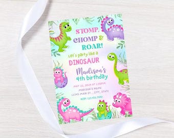 Editable girl Dinosaur birthday invitation-instant download