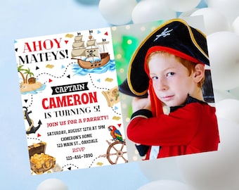 May include: A pirate-themed birthday invitation with the text "Ahoy Mateys!" and "Captain Cameron is turning 5!" A young boy in a pirate costume is pictured next to the invitation. The invitation includes a treasure chest, parrot, and ship.