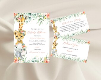 May include: Baby shower invitation set featuring a giraffe, lion, and elephant with floral accents. The invitation includes event details and a request for books. The design is in soft pastel colors.