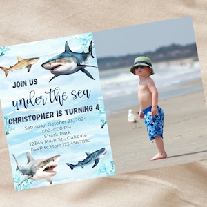 Editable Shark birthday photo invitation-shark party invite-Instant Download