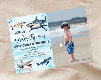 Editable Shark birthday photo invitation-shark party invite-Instant Download