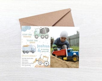 May include: Construction themed birthday party invitation with a watercolor illustration of a dump truck, cement mixer, and excavator. The invitation says "Stop the Traffic, Close the Road, Joshua is turning 4 years old".