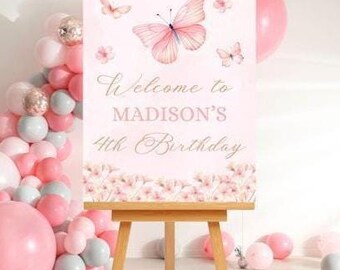 Editable Pink Butterfly Birthday welcome sign-Instant Download