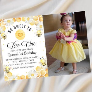 Editable Bee first birthday invitation-honeybee birthday photo invite-instant download
