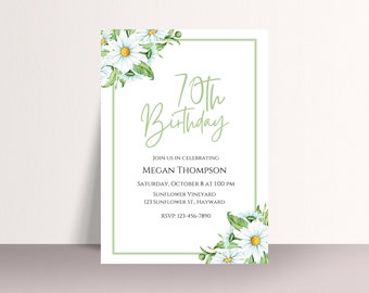 Editable Daisy Birthday Invitation-70th Daisy Birthday Invite-any