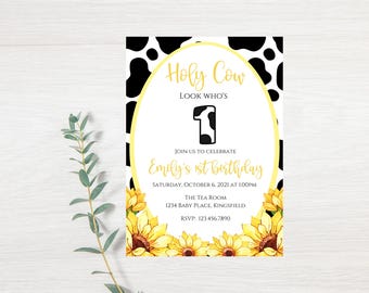 Cow birthday invitation template-yellow sunflower party invite-instant download