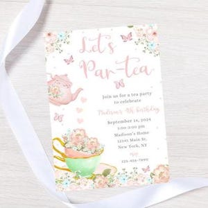 Birthday Invitation, Tea Party Birthday Invite, Tea for Two, Let&#39;s ParTea, Floral Design, Digital Download, Kids Party Invite