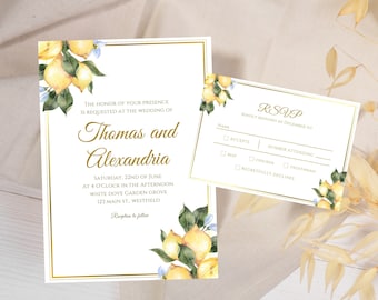 Lemon Wedding invitation template-wedding invite with RSVP-Lemon invite-lemon invite with RSVP-editable-Instant Download-lemon template