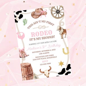 May include: A rodeo-themed birthday invitation with a pink and brown color scheme. The invitation features a cowboy hat, horseshoe, and a pony illustration. Text includes "This ain't my first rodeo" and event details for Madison's 2nd birthday.