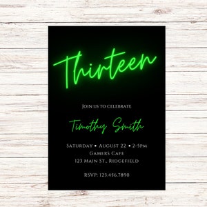 Thirteen birthday invitation-green neon birthday invitation-birthday invite 13 year old-birthday invite teenage boy-birthday invite digital