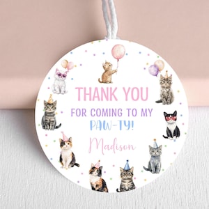 Cat Thank You Tags - Kitten Birthday Favor Tags | Editable cat Tag Template for Kids&#39; Birthday Party