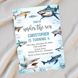 Editable Shark birthday invitation-under the sea invite-shark invitation birthday party-ocean theme invite-Instant Download