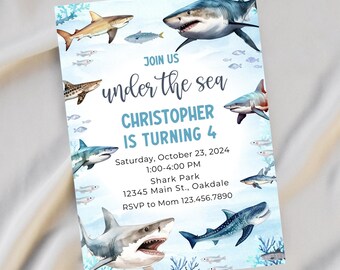 May include: A rectangular invitation with an underwater theme, featuring various shark illustrations in shades of blue, gray, and brown. The text reads "Join Us under the sea, Christopher is turning 4" with event details.