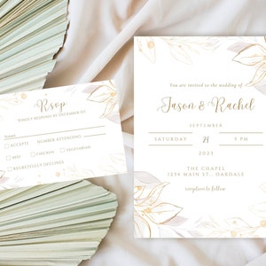 Elegante huwelijksuitnodiging met RSVP-kaart: eenvoudig bruiloftsthema met bladgoud: direct downloaden