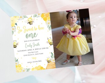 Editable bee birthday photo invitation-Instant Download