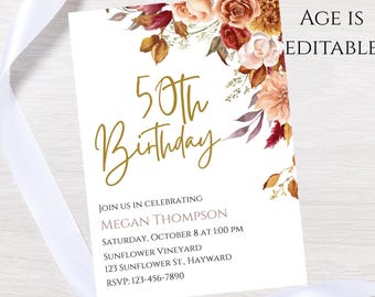 Fall floral Birthday invitation-fall theme party invite-any age invite-instant download