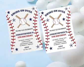 May include: Two baseball-themed birthday invitations with red and white stitching, blue stars, and a baseball and bat graphic. The text reads "Swing on Over" and "To help us celebrate Christopher's 5th Birthday".