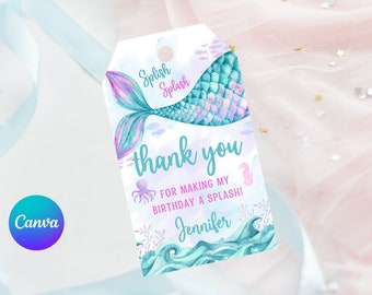 Etiqueta de agradecimiento de cumpleaños de sirena editable: etiqueta de regalo bajo el mar: descarga instantánea