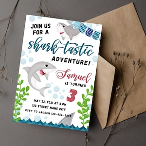 Shark birthday invitation template-shark party invite-ocean theme birthday