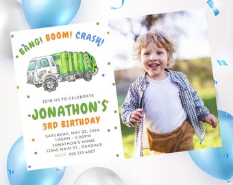 Editable garbage truck birthday photo invitation-truck theme party invite-instant download