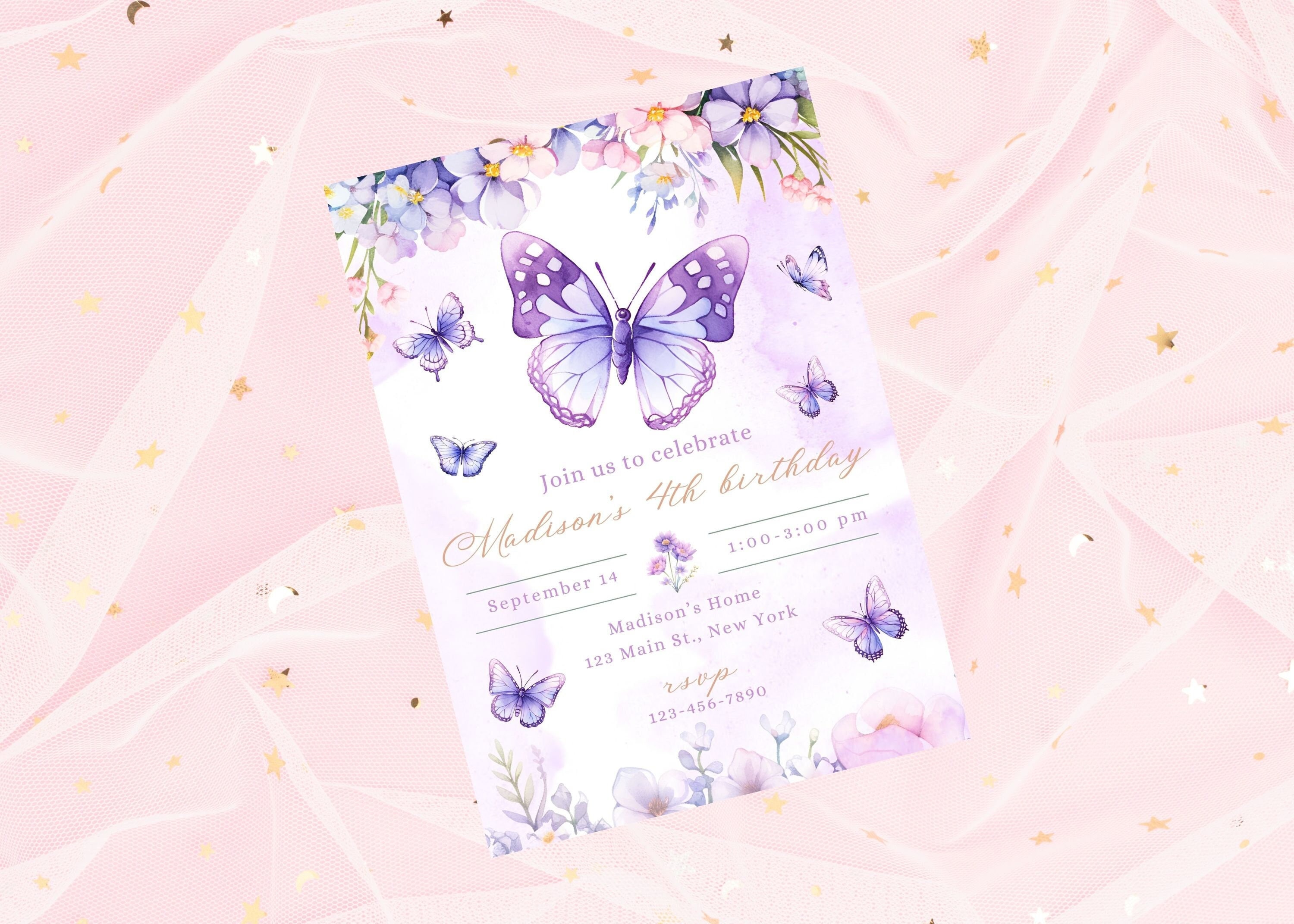Editable butterfly birthday invitation-purple butterfly party invite-instant download