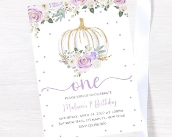 May include: A white invitation card with a watercolor design featuring a gold glitter pumpkin and floral accents in lavender and white. The text reads "one" and includes event details for a first birthday celebration.