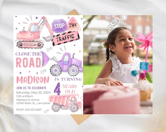 May include: A birthday invitation with watercolor illustrations of construction vehicles and the text "Madison is turning 4 years old." The invitation includes event details. A young girl wearing a tiara smiles at a birthday party.
