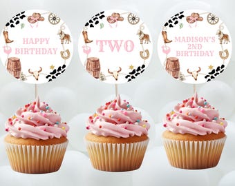 Cowgirl theme cupcake topper-cake topper-pink rodeo party decor-instant download