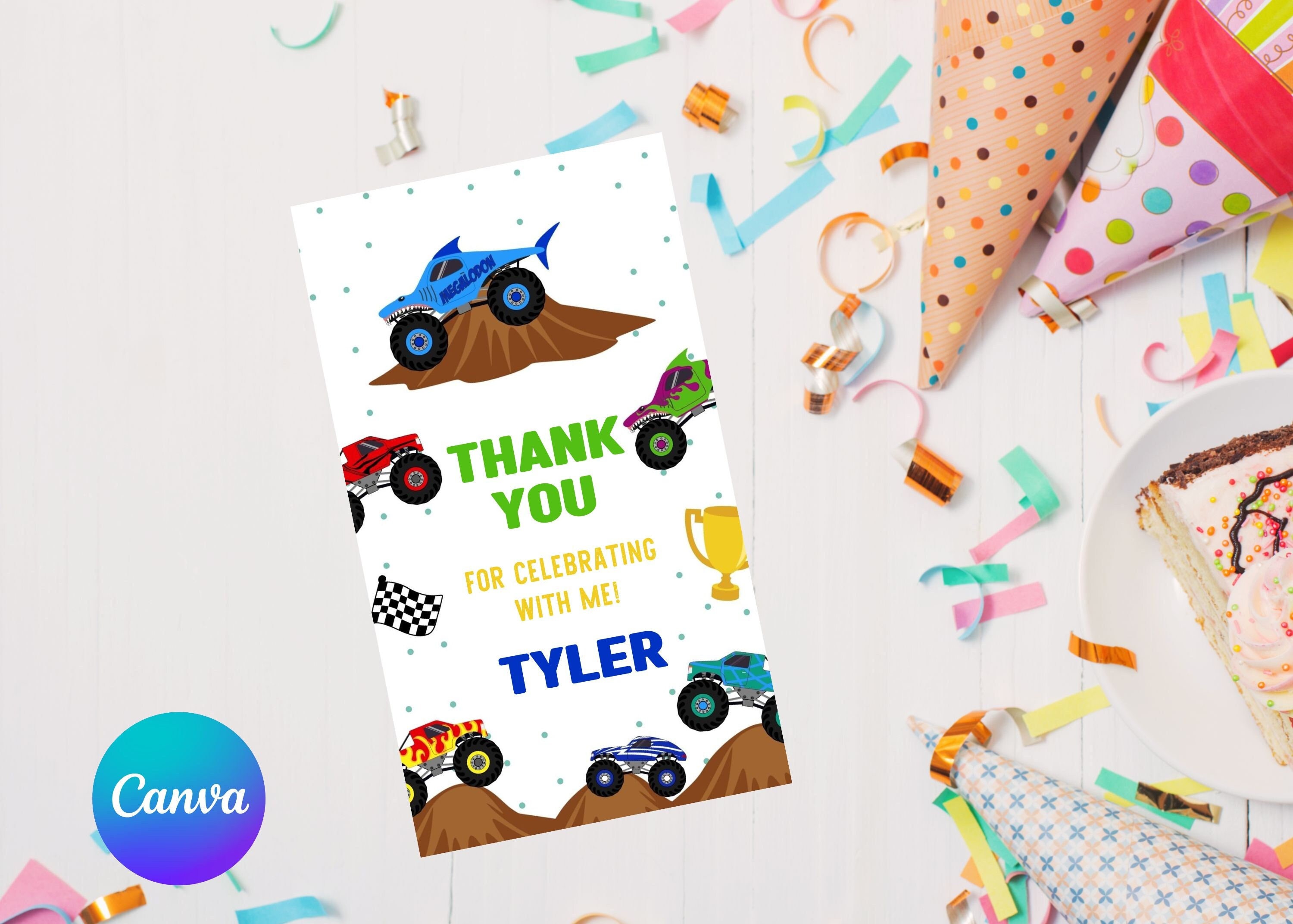 Editable monster truck thank you tag-birthday favor tags-truck gift tags