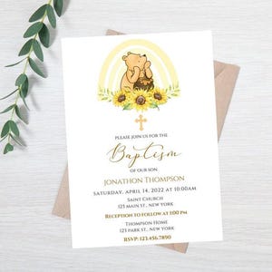 Invito al battesimo di Winnie the Pooh-invito al battesimo con girasole-invito arcobaleno giallo