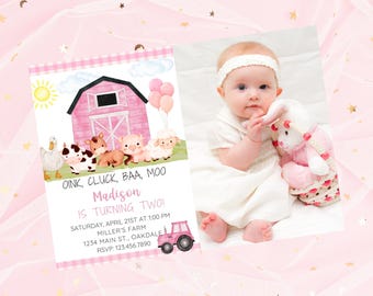 May include: A pink and white farm-themed birthday invitation with a photo of a baby girl holding a pink stuffed animal. The invitation says "Oink, Cluck, BAA, Moo Madison is turning two!" and includes the date, time, location, and RSVP information.
