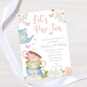 Tea party birthday invitation-teapot birthday party-tea for two invite