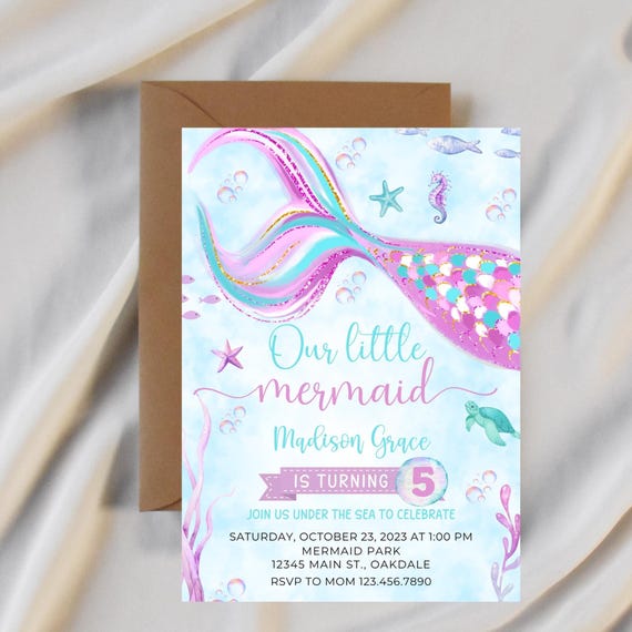 Mermaid Birthday Invitation Template | Editable Printable Invite | Mermaid Tail Design | Instant Download