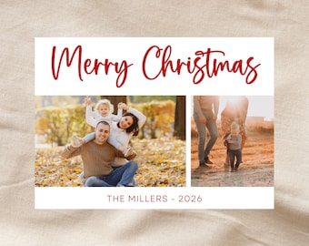 May include: A rectangular holiday greeting card featuring the red text Merry Christmas at the top and the text THE MILLERS - 2026 at the bottom. The center contains two photographic panels showing a family in an outdoor setting with autumn leaves.