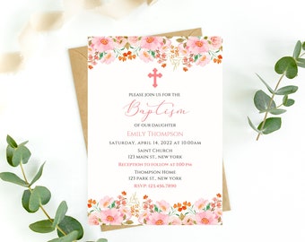 Pink floral Baptism Invitation-floral baptism invite-girl christening invitation-instant download